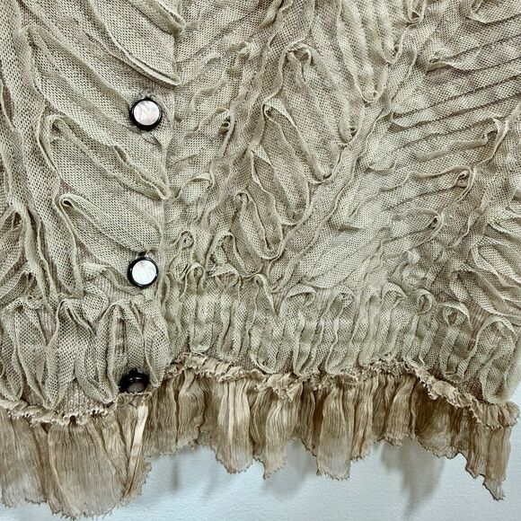 KNITTED & KNOTTED Anthropologie S Beige Wool Cardigan Sweater Cat Eye Ruffles - Picture 7 of 13